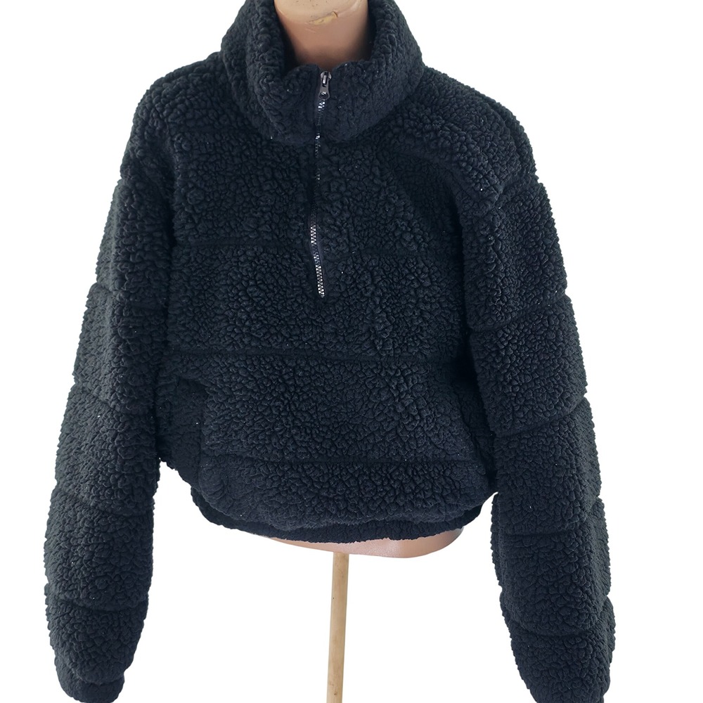 Sage Collective Pullover Jacket Womens Large Black Sherpa Puffer Cropped Quilted